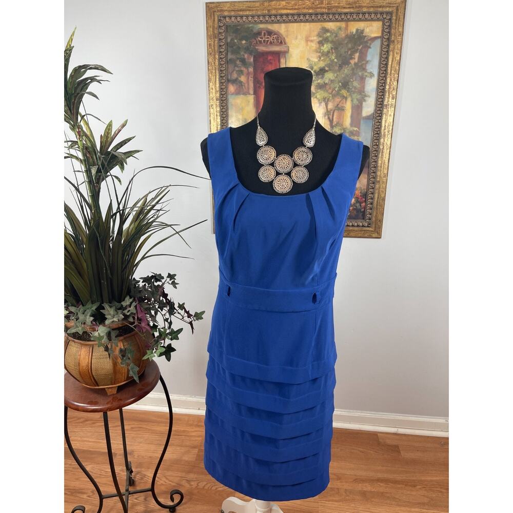 Dressbarn Pencil Dress Women's Size 16 Blue Tiered Ruffle Trim Minimalist Modest